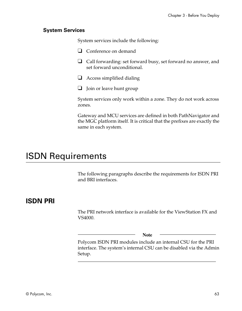 System services, Isdn requirements, Isdn pri | Polycom ViewStation EX4000 User Manual | Page 73 / 150