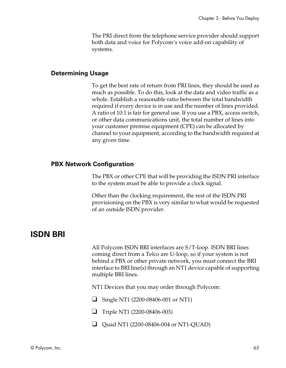 Determining usage, Pbx network configuration, Isdn bri | Polycom ViewStation EX4000 User Manual | Page 75 / 150