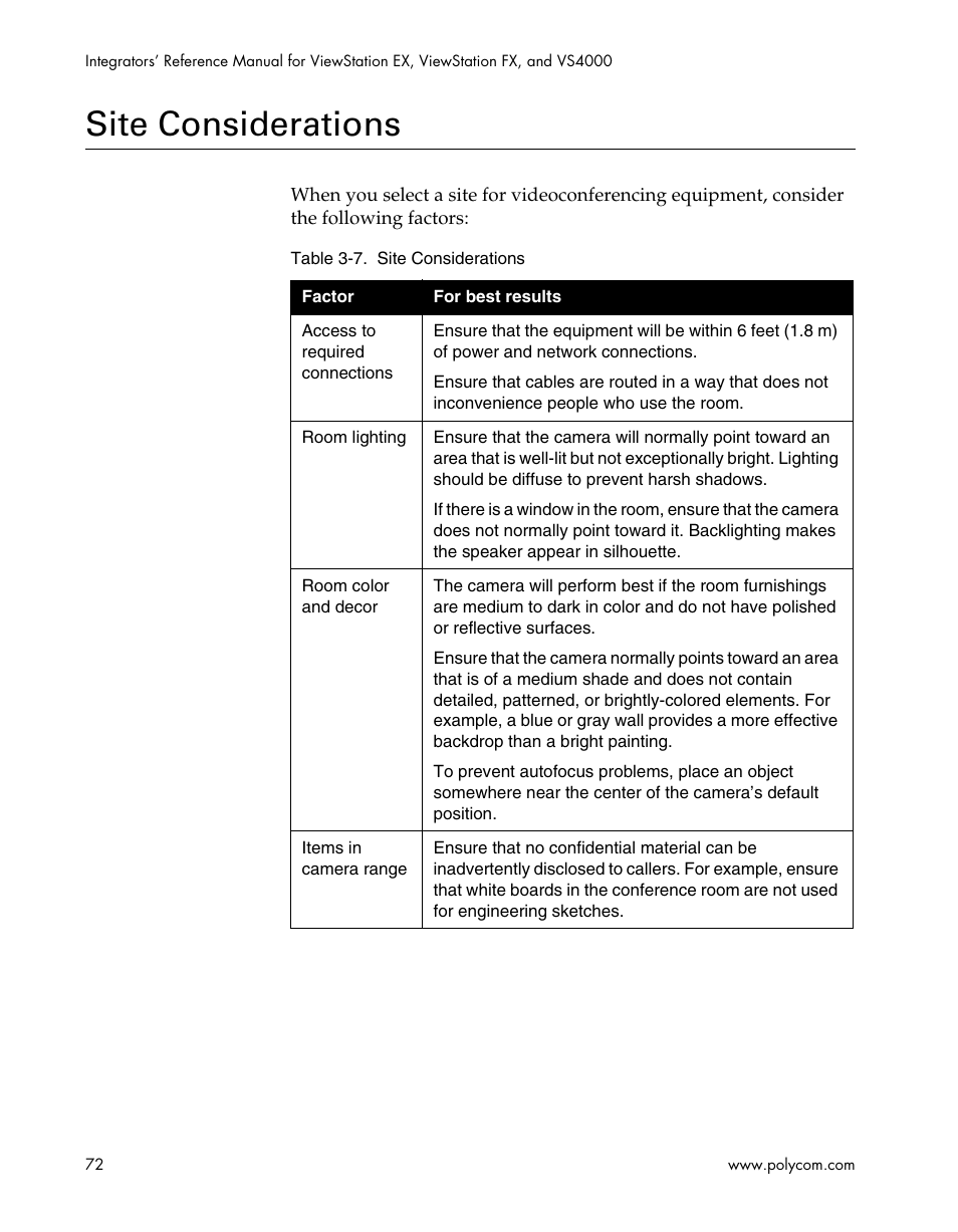 Site considerations | Polycom ViewStation EX4000 User Manual | Page 82 / 150