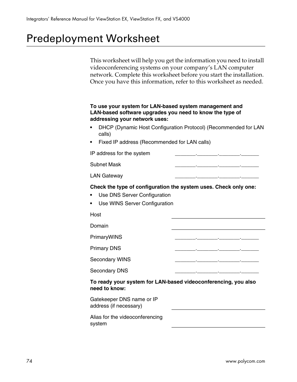 Predeployment worksheet | Polycom ViewStation EX4000 User Manual | Page 84 / 150