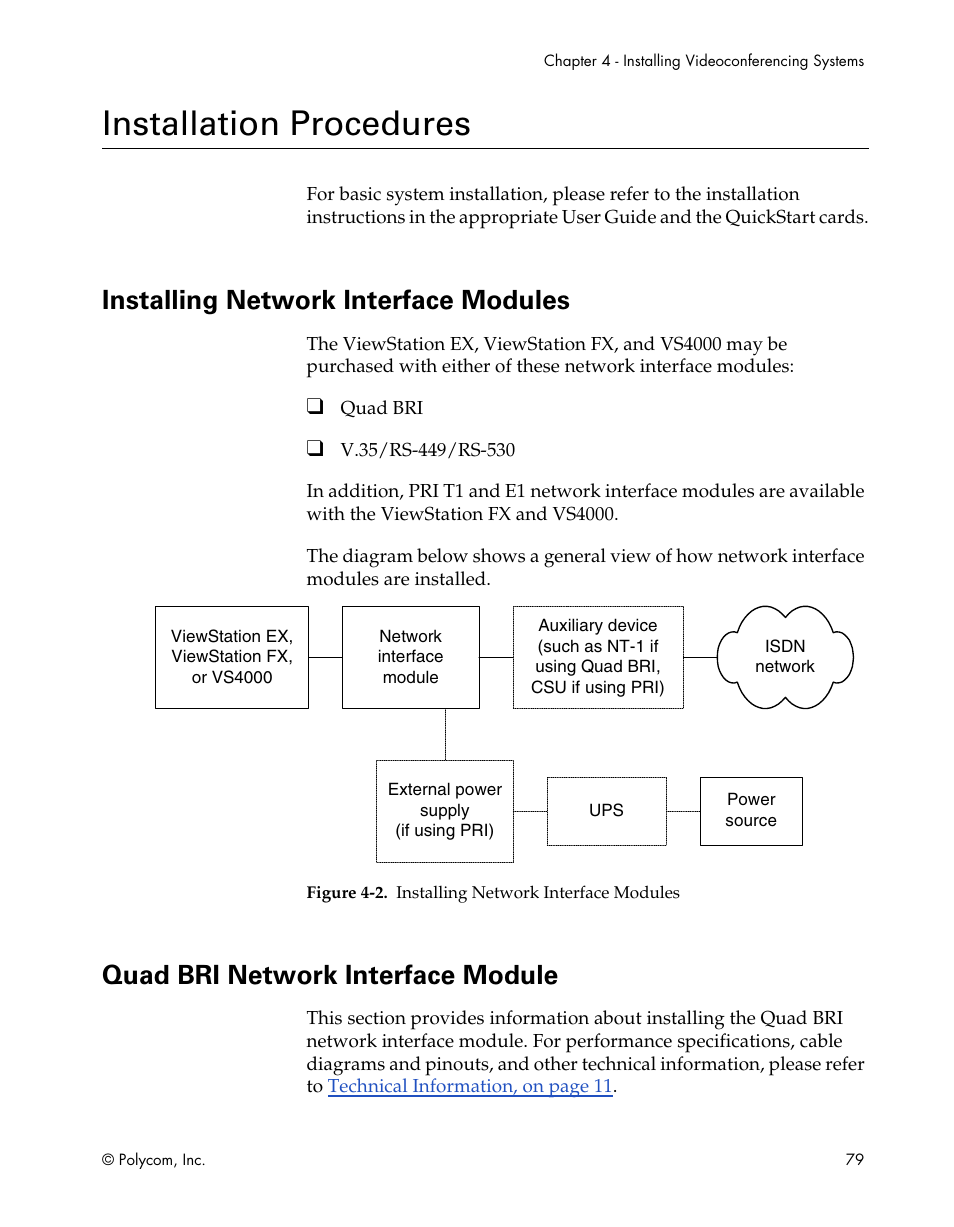 Installation procedures, Installing network interface modules, Quad bri network interface module | Figure 4-2 | Polycom ViewStation EX4000 User Manual | Page 89 / 150