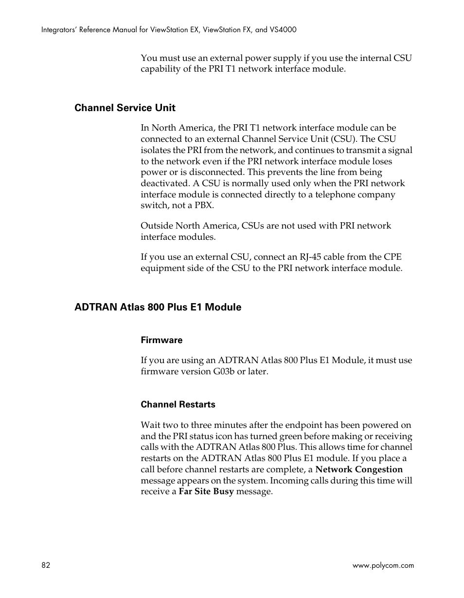 Channel service unit, Adtran atlas 800 plus e1 module | Polycom ViewStation EX4000 User Manual | Page 92 / 150