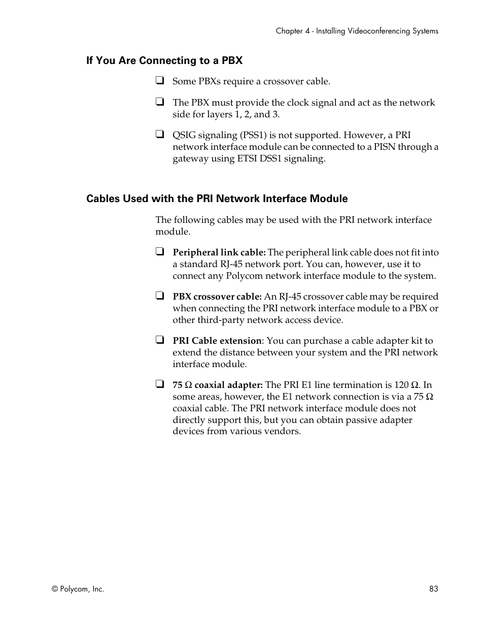 If you are connecting to a pbx, Cables used with the pri network interface module | Polycom ViewStation EX4000 User Manual | Page 93 / 150