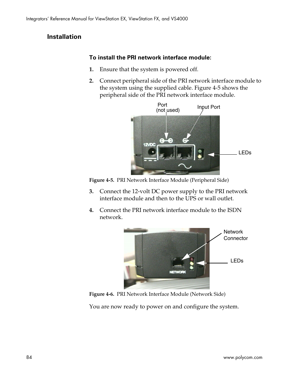 Installation, Figure 4-5, Pri network interface module (peripheral side) | Figure 4-6, Pri network interface module (network side) | Polycom ViewStation EX4000 User Manual | Page 94 / 150