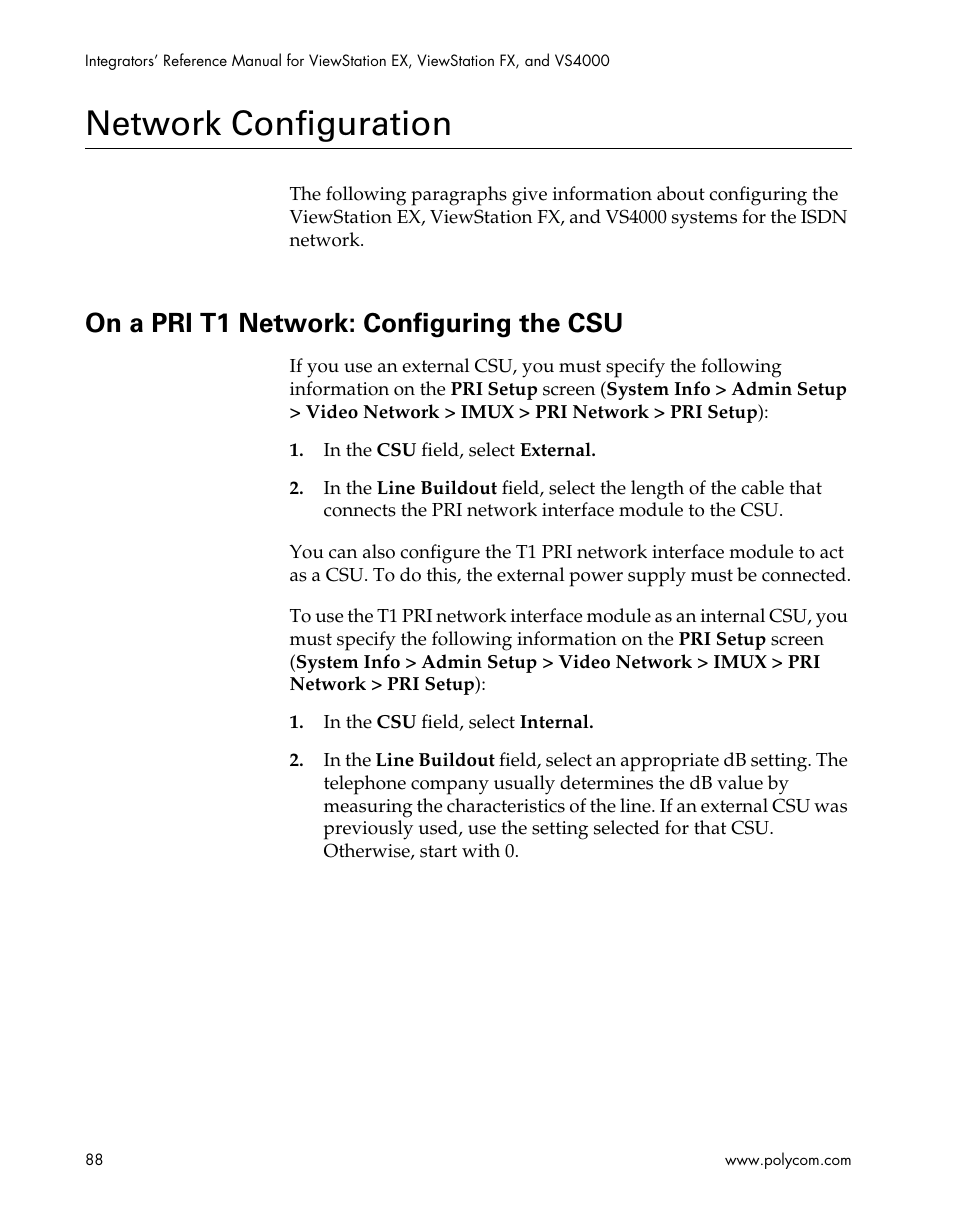 Network configuration, On a pri t1 network: configuring the csu | Polycom ViewStation EX4000 User Manual | Page 98 / 150