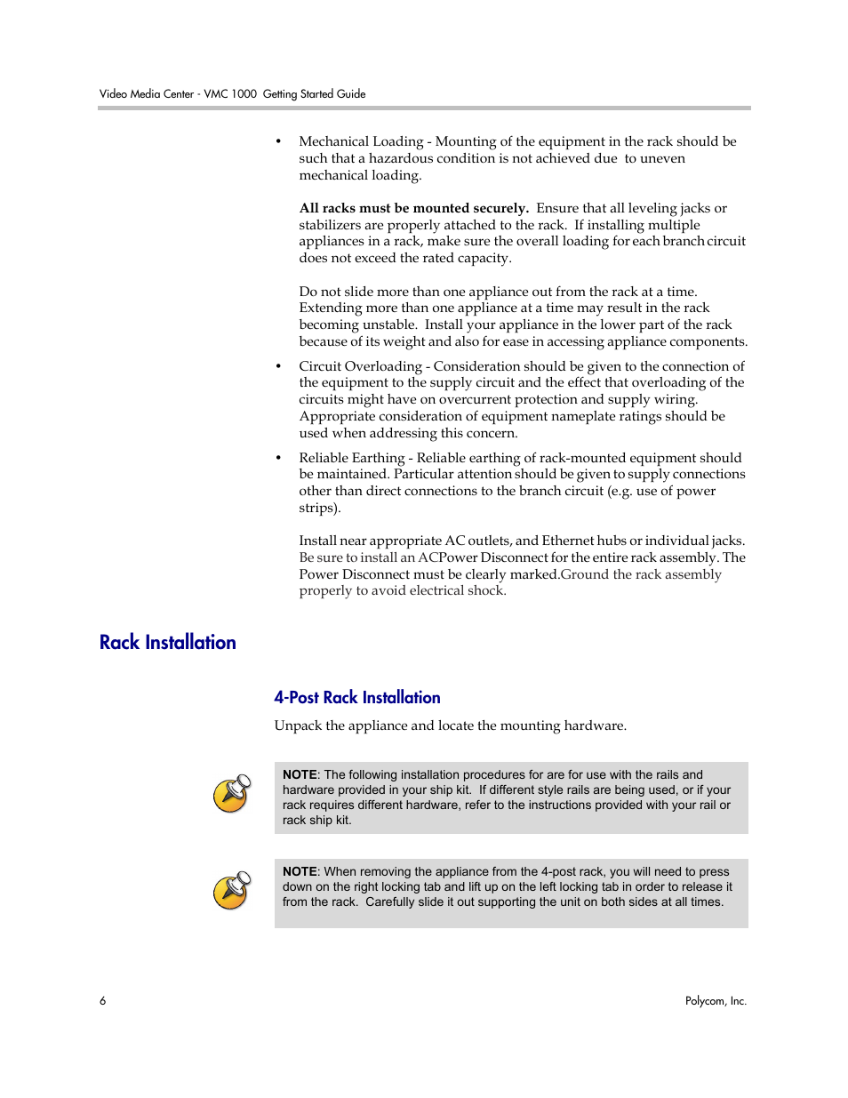 Rack installation, Post rack installation | Polycom Video Media Center VMC 1000 User Manual | Page 10 / 38