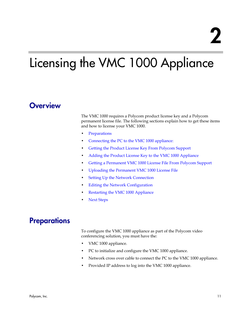 Licensing the vmc 1000 appliance, Overview, Preparations | 2 licensing the vmc 1000 appliance, Overview preparations | Polycom Video Media Center VMC 1000 User Manual | Page 15 / 38