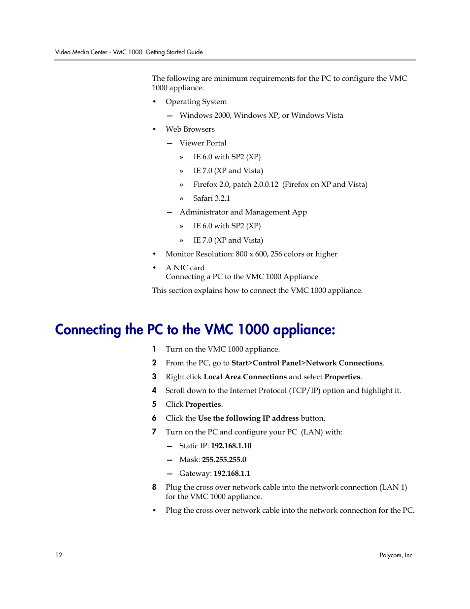 Connecting the pc to the vmc 1000 appliance | Polycom Video Media Center VMC 1000 User Manual | Page 16 / 38