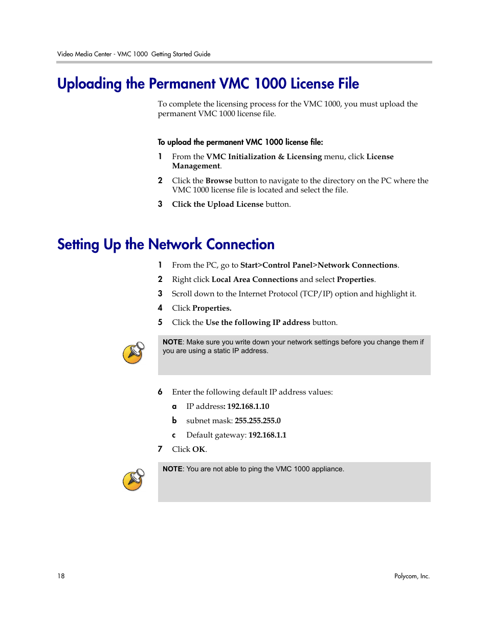 Uploading the permanent vmc 1000 license file, Setting up the network connection | Polycom Video Media Center VMC 1000 User Manual | Page 22 / 38