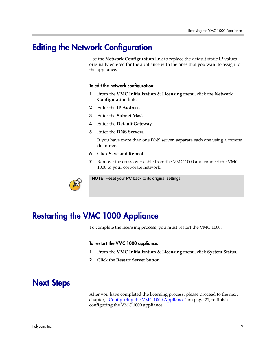 Editing the network configuration, Restarting the vmc 1000 appliance, Next steps | Polycom Video Media Center VMC 1000 User Manual | Page 23 / 38