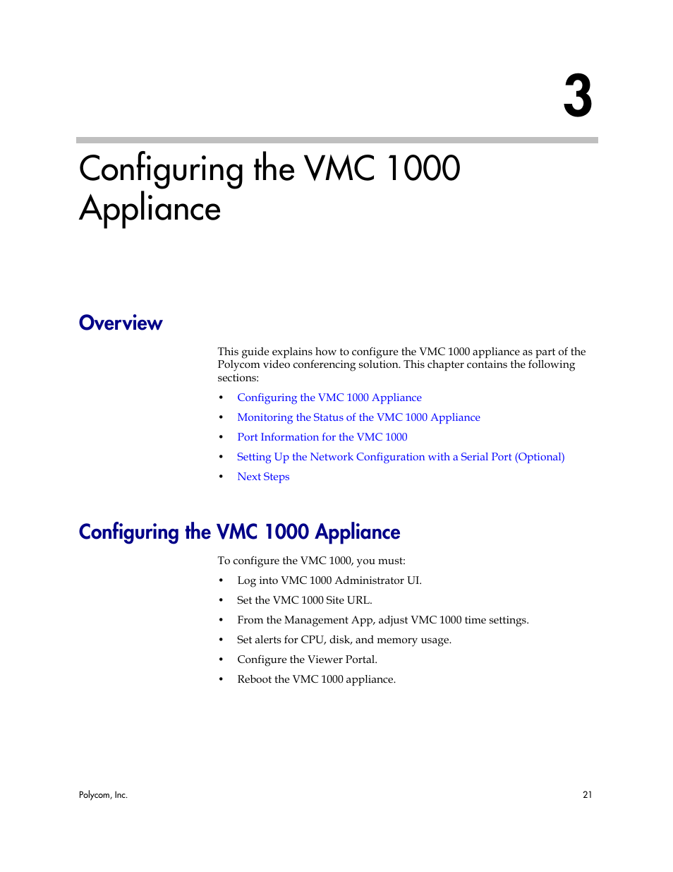 Configuring the vmc 1000 appliance, Overview, 3 configuring the vmc 1000 appliance | Overview configuring the vmc 1000 appliance | Polycom Video Media Center VMC 1000 User Manual | Page 25 / 38