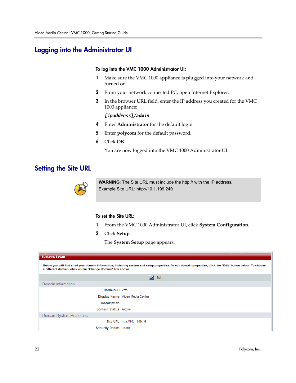 Logging into the administrator ui, Setting the site url | Polycom Video Media Center VMC 1000 User Manual | Page 26 / 38