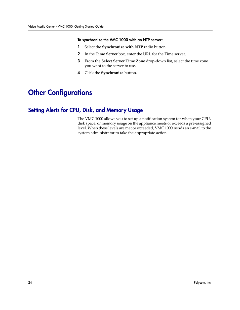 Other configurations, Setting alerts for cpu, disk, and memory usage | Polycom Video Media Center VMC 1000 User Manual | Page 28 / 38