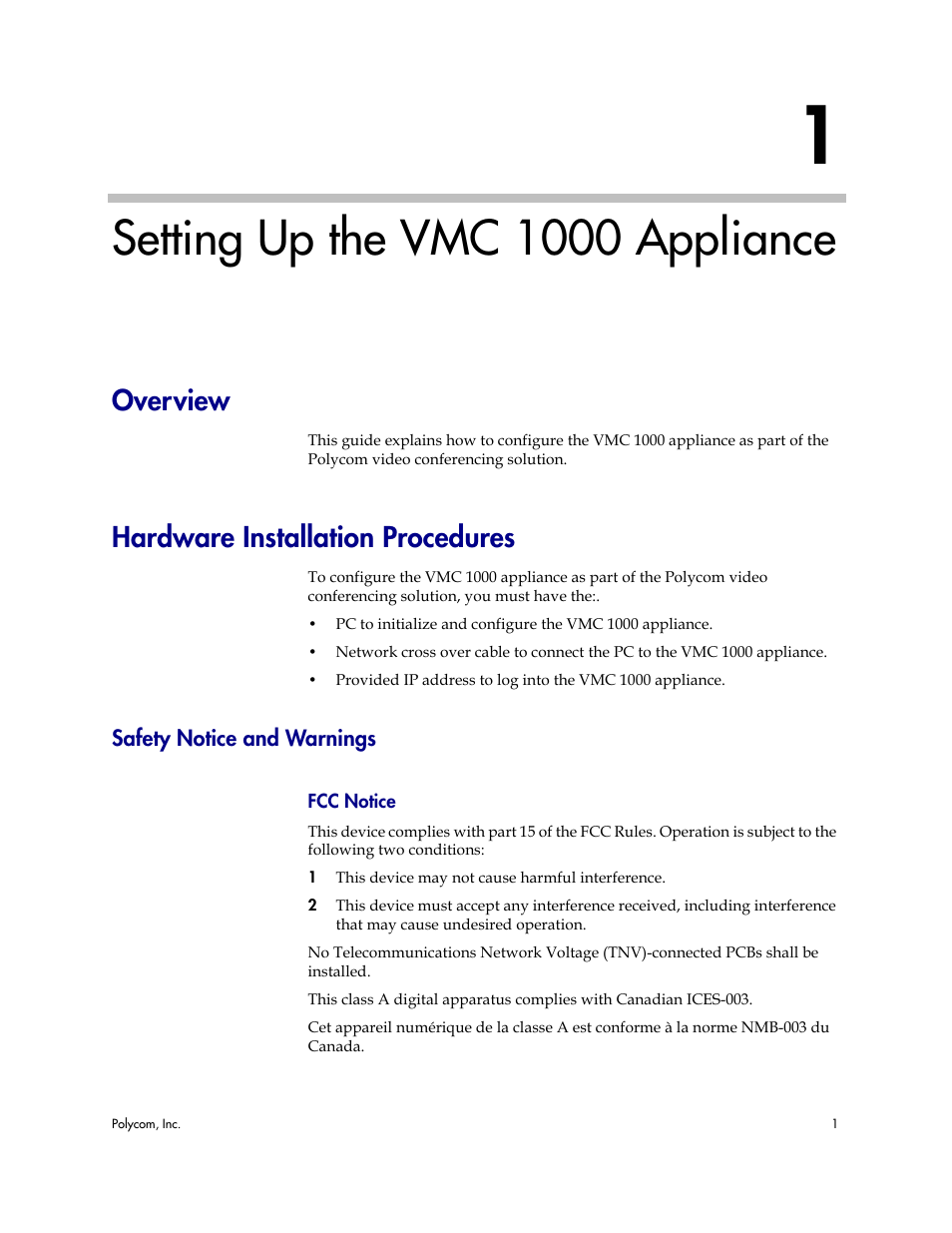 Setting up the vmc 1000 appliance, Overview, Hardware installation procedures | Safety notice and warnings, Fcc notice, 1 setting up the vmc 1000 appliance, Overview hardware installation procedures | Polycom Video Media Center VMC 1000 User Manual | Page 5 / 38