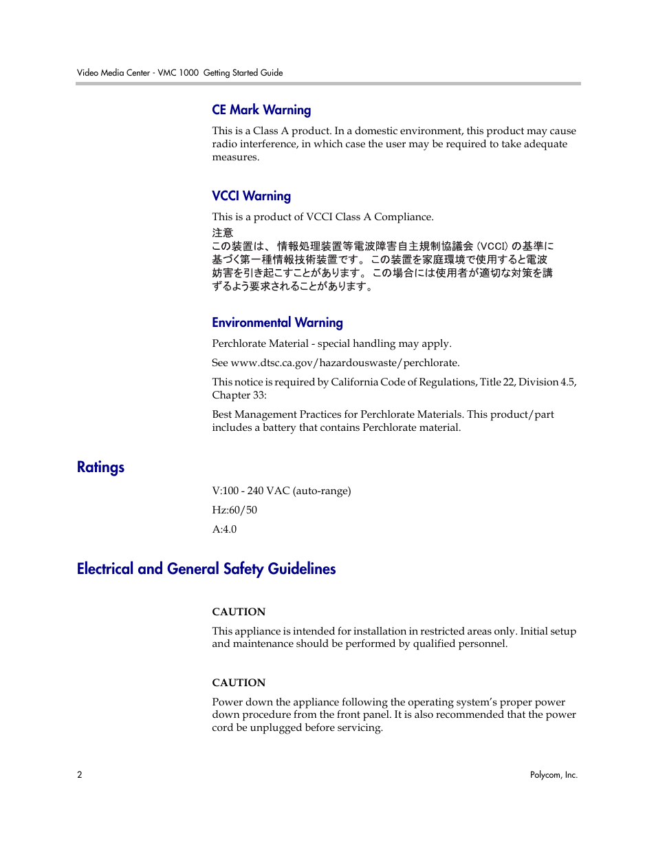 Ce mark warning, Vcci warning, Environmental warning | Ratings, Electrical and general safety guidelines, Ce mark warning vcci warning environmental warning, Ratings electrical and general safety guidelines | Polycom Video Media Center VMC 1000 User Manual | Page 6 / 38