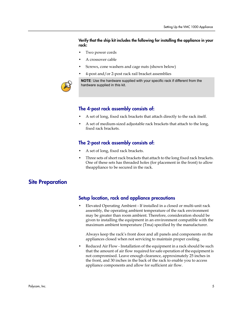 The 4-post rack assembly consists of, The 2-post rack assembly consists of, Site preparation | Setup location, rack and appliance precautions | Polycom Video Media Center VMC 1000 User Manual | Page 9 / 38