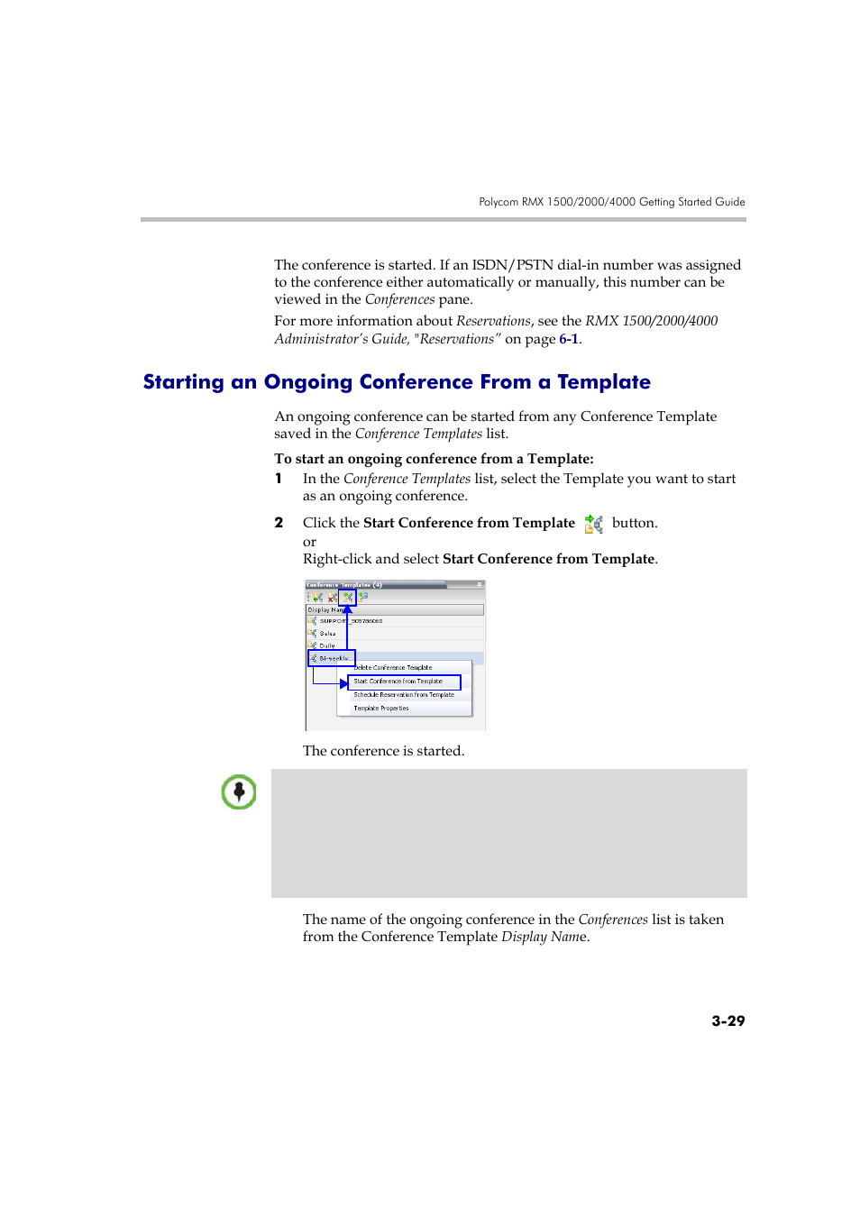 Starting an ongoing conference from a template, Starting an ongoing conference from a template -29, Starting an ongoing conference from a | Polycom DOC2560A User Manual | Page 107 / 188