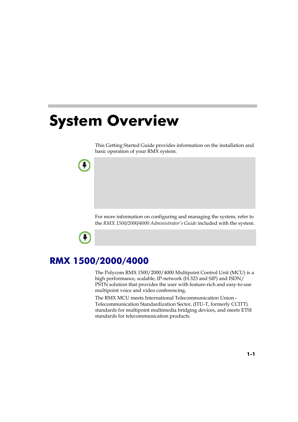 System overview, Rmx 1500/2000/4000, System overview -1 | Rmx 1500/2000/4000 -1 | Polycom DOC2560A User Manual | Page 11 / 188