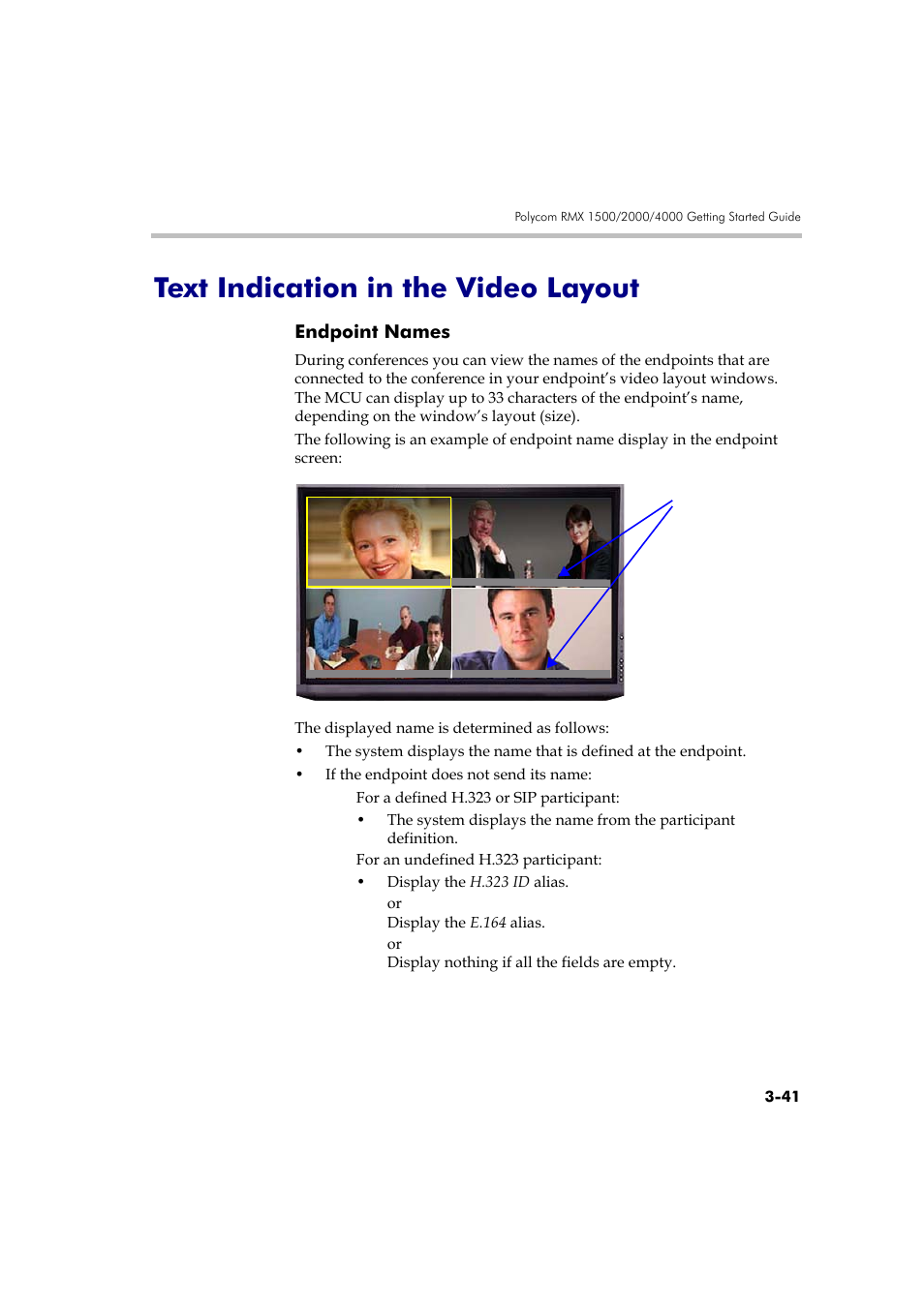 Text indication in the video layout, Endpoint names, Text indication in the video layout -41 | Endpoint names -41 | Polycom DOC2560A User Manual | Page 119 / 188