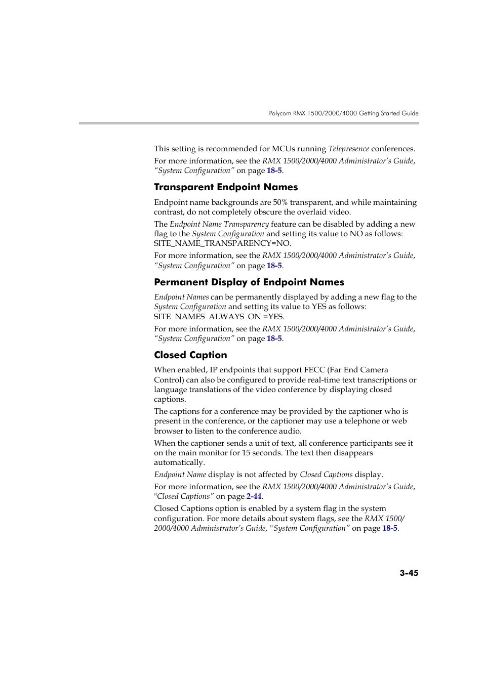 Transparent endpoint names, Permanent display of endpoint names, Closed caption | Polycom DOC2560A User Manual | Page 123 / 188