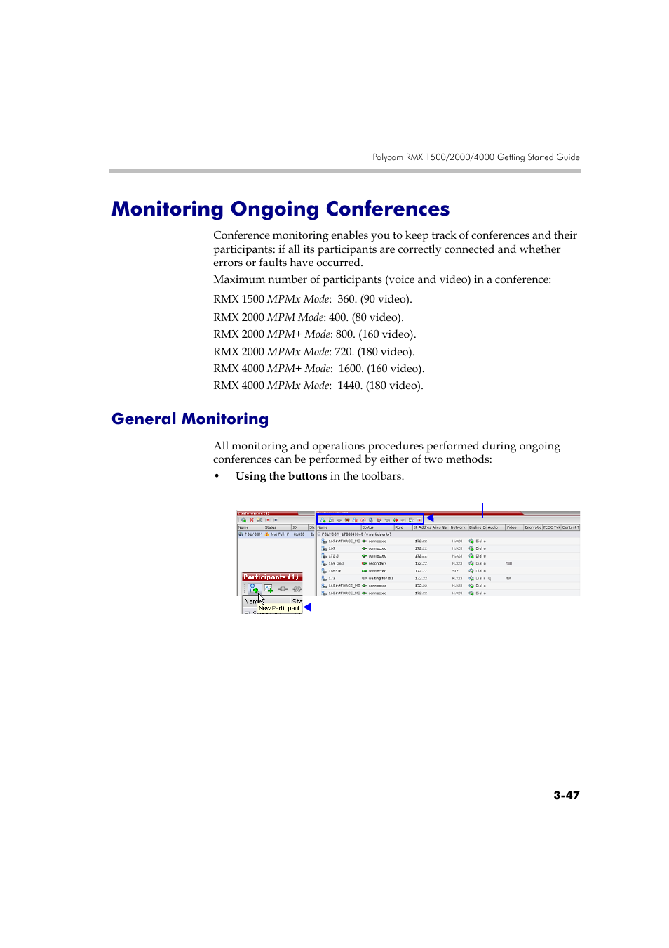 Monitoring ongoing conferences, General monitoring, Monitoring ongoing conferences -47 | General monitoring -47 | Polycom DOC2560A User Manual | Page 125 / 188