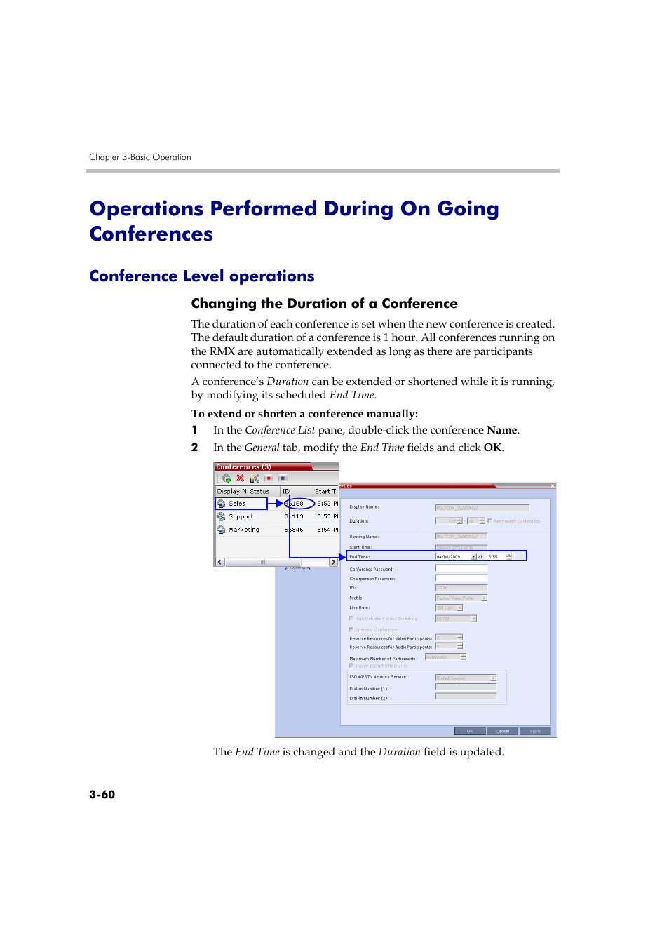 Operations performed during on going conferences, Conference level operations, Changing the duration of a conference | Conference level operations -60, Changing the duration of a conference -60 | Polycom DOC2560A User Manual | Page 138 / 188