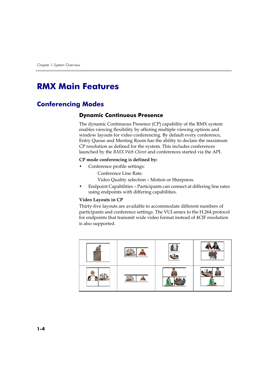 Rmx main features, Conferencing modes, Dynamic continuous presence | Rmx main features -4, Conferencing modes -4, Dynamic continuous presence -4 | Polycom DOC2560A User Manual | Page 14 / 188