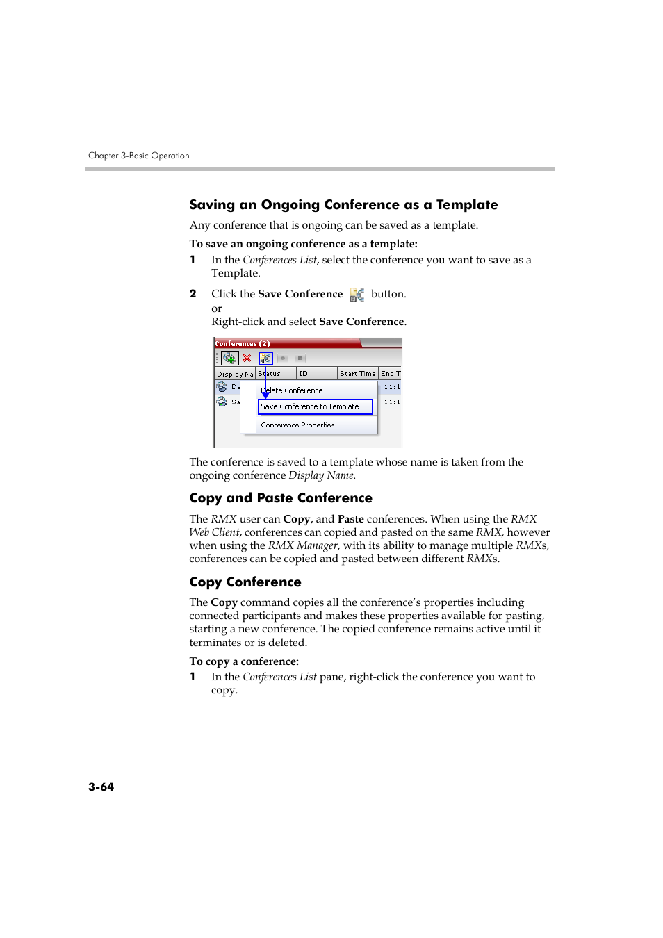 Saving an ongoing conference as a template, Copy and paste conference, Copy conference | Polycom DOC2560A User Manual | Page 142 / 188