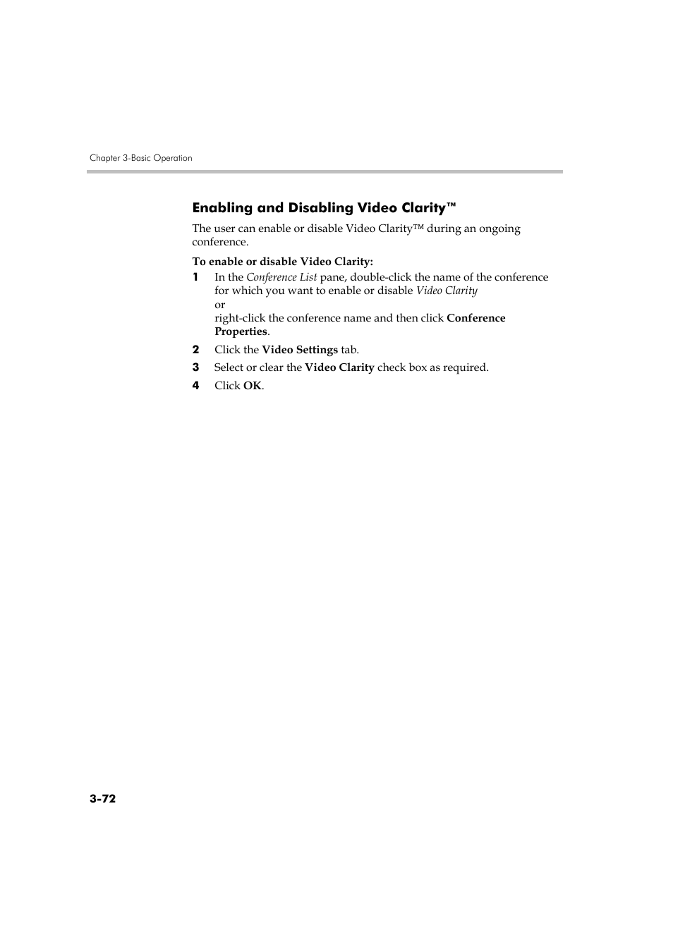 Enabling and disabling video clarity, Enabling and disabling video clarity™ -72 | Polycom DOC2560A User Manual | Page 150 / 188