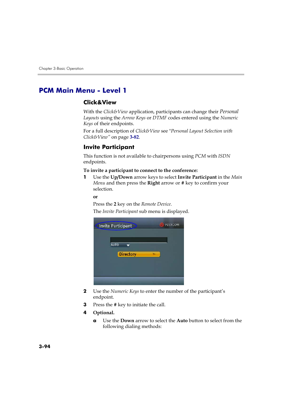 Pcm main menu - level 1, Click&view, Invite participant | Pcm main menu - level 1 -94, Click&view -94 invite participant -94 | Polycom DOC2560A User Manual | Page 172 / 188