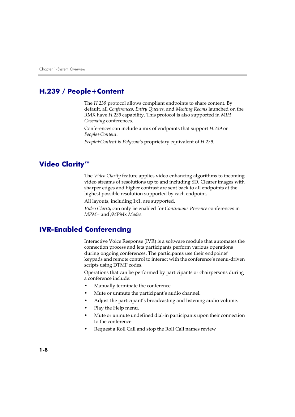 H.239 / people+content, Video clarity, Ivr-enabled conferencing | Polycom DOC2560A User Manual | Page 18 / 188