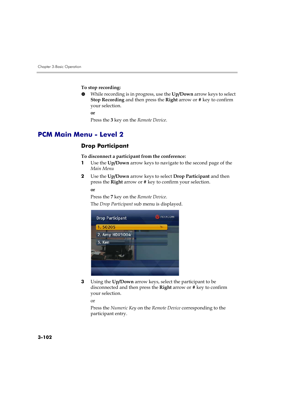 Pcm main menu - level 2, Drop participant, Pcm main menu - level 2 -102 | Drop participant -102 | Polycom DOC2560A User Manual | Page 180 / 188