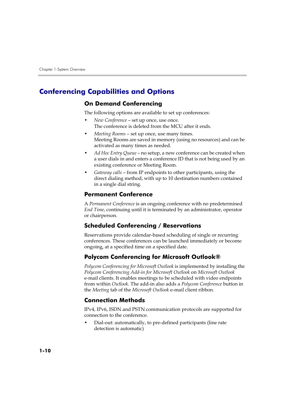 Conferencing capabilities and options, On demand conferencing, Permanent conference | Scheduled conferencing / reservations, Polycom conferencing for microsoft outlook, Connection methods, Conferencing capabilities and options -10 | Polycom DOC2560A User Manual | Page 20 / 188