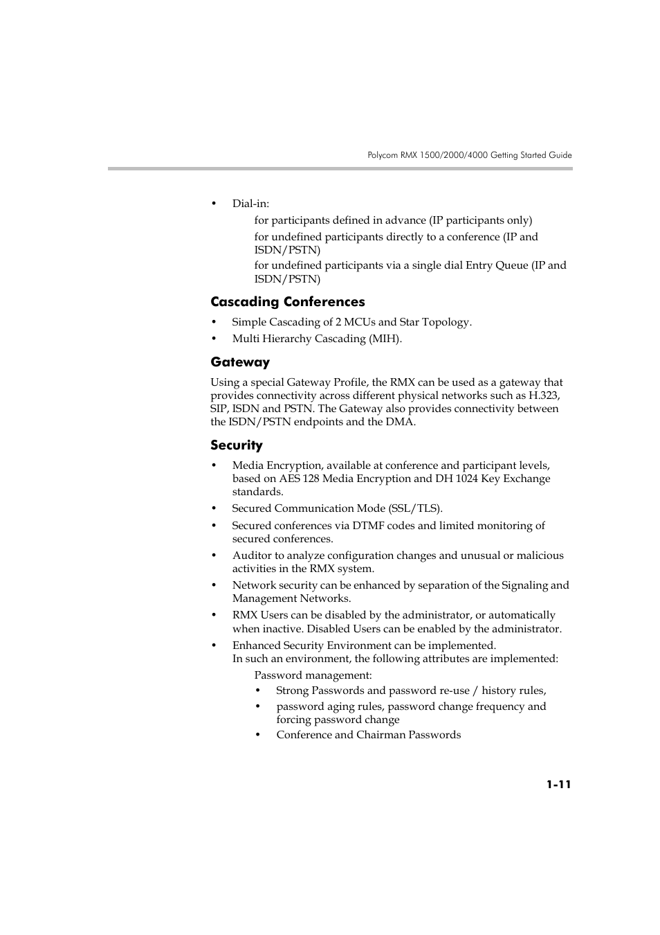 Cascading conferences, Gateway, Security | Cascading conferences -11 gateway -11 security -11 | Polycom DOC2560A User Manual | Page 21 / 188