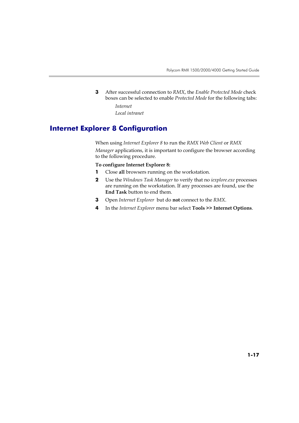 Internet explorer 8 configuration, Internet explorer 8 configuration -17 | Polycom DOC2560A User Manual | Page 27 / 188