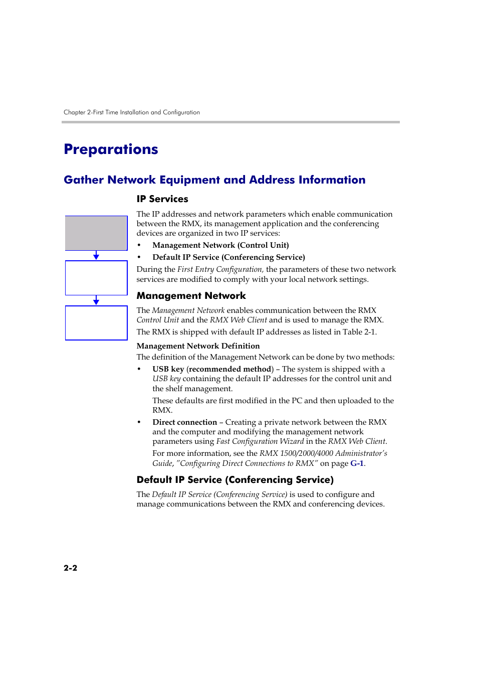 Preparations, Gather network equipment and address information, Ip services | Management network, Default ip service (conferencing service), Preparations -2 | Polycom DOC2560A User Manual | Page 34 / 188