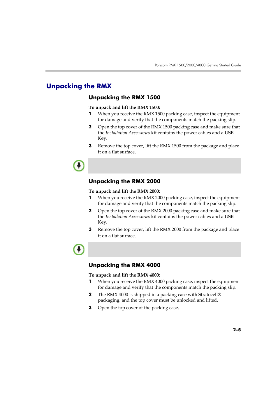 Unpacking the rmx, Unpacking the rmx 1500, Unpacking the rmx 2000 | Unpacking the rmx 4000, Unpacking the rmx -5 | Polycom DOC2560A User Manual | Page 37 / 188