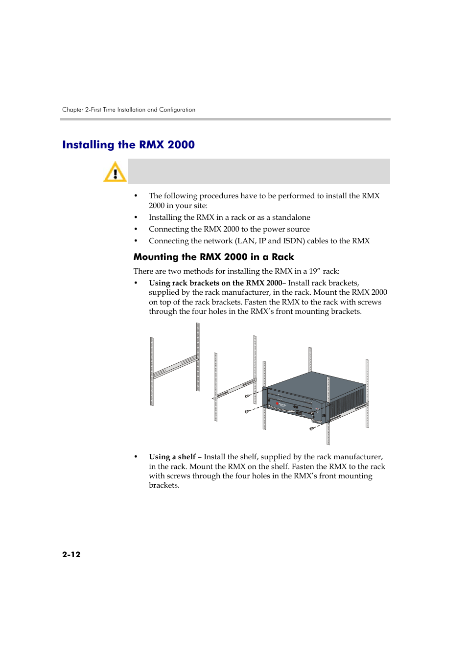 Installing the rmx 2000, Mounting the rmx 2000 in a rack, Installing the rmx 2000 -12 | Mounting the rmx 2000 in a rack -12 | Polycom DOC2560A User Manual | Page 44 / 188