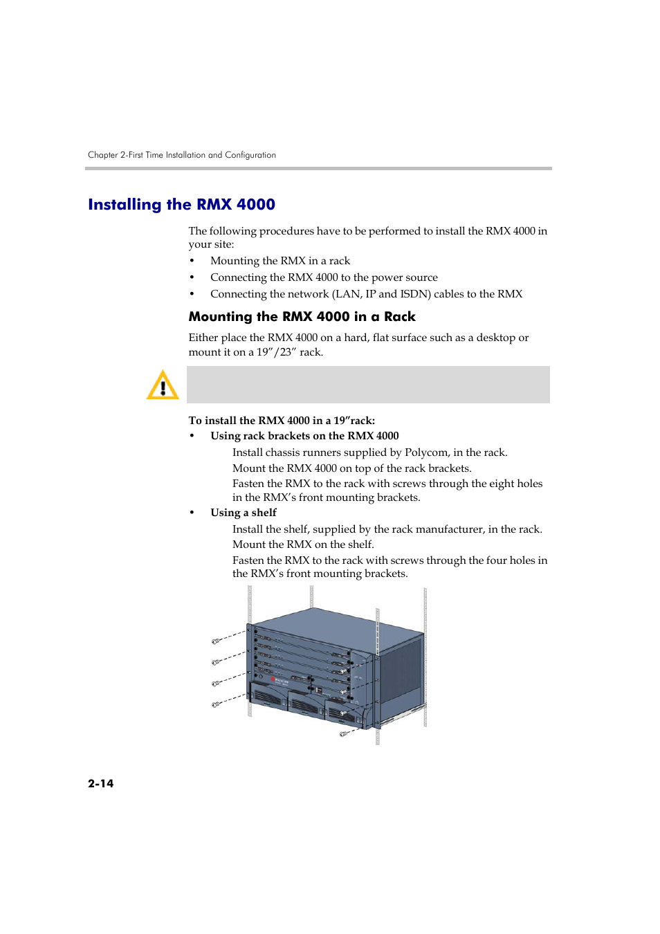 Installing the rmx 4000, Mounting the rmx 4000 in a rack, Installing the rmx 4000 -14 | Mounting the rmx 4000 in a rack -14 | Polycom DOC2560A User Manual | Page 46 / 188