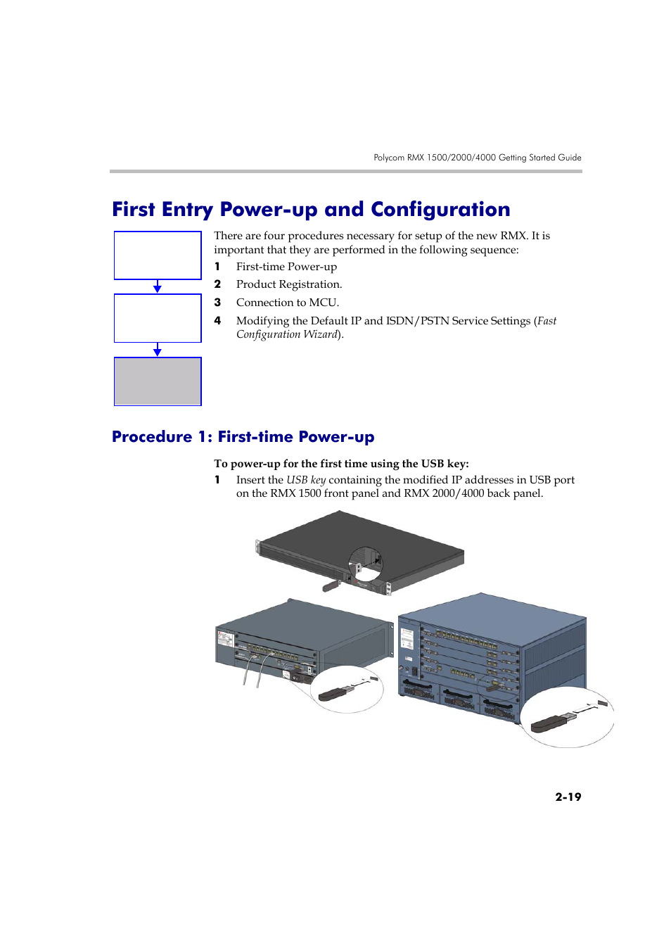 First entry power-up and configuration, Procedure 1: first-time power-up, First entry power-up and configuration -19 | Procedure 1: first-time power-up -19 | Polycom DOC2560A User Manual | Page 51 / 188