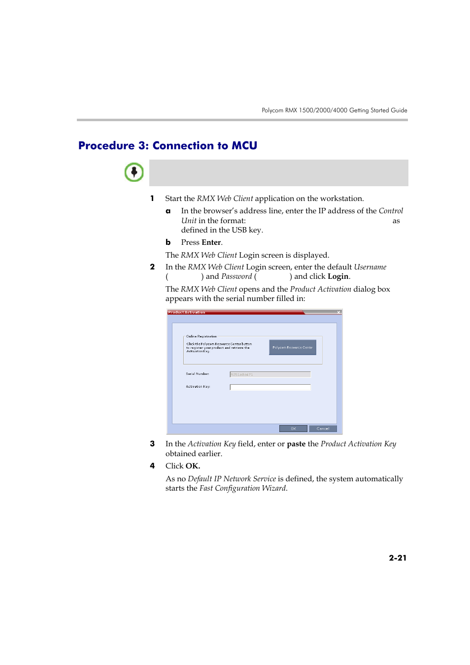 Procedure 3: connection to mcu, Procedure 3: connection to mcu -21 | Polycom DOC2560A User Manual | Page 53 / 188