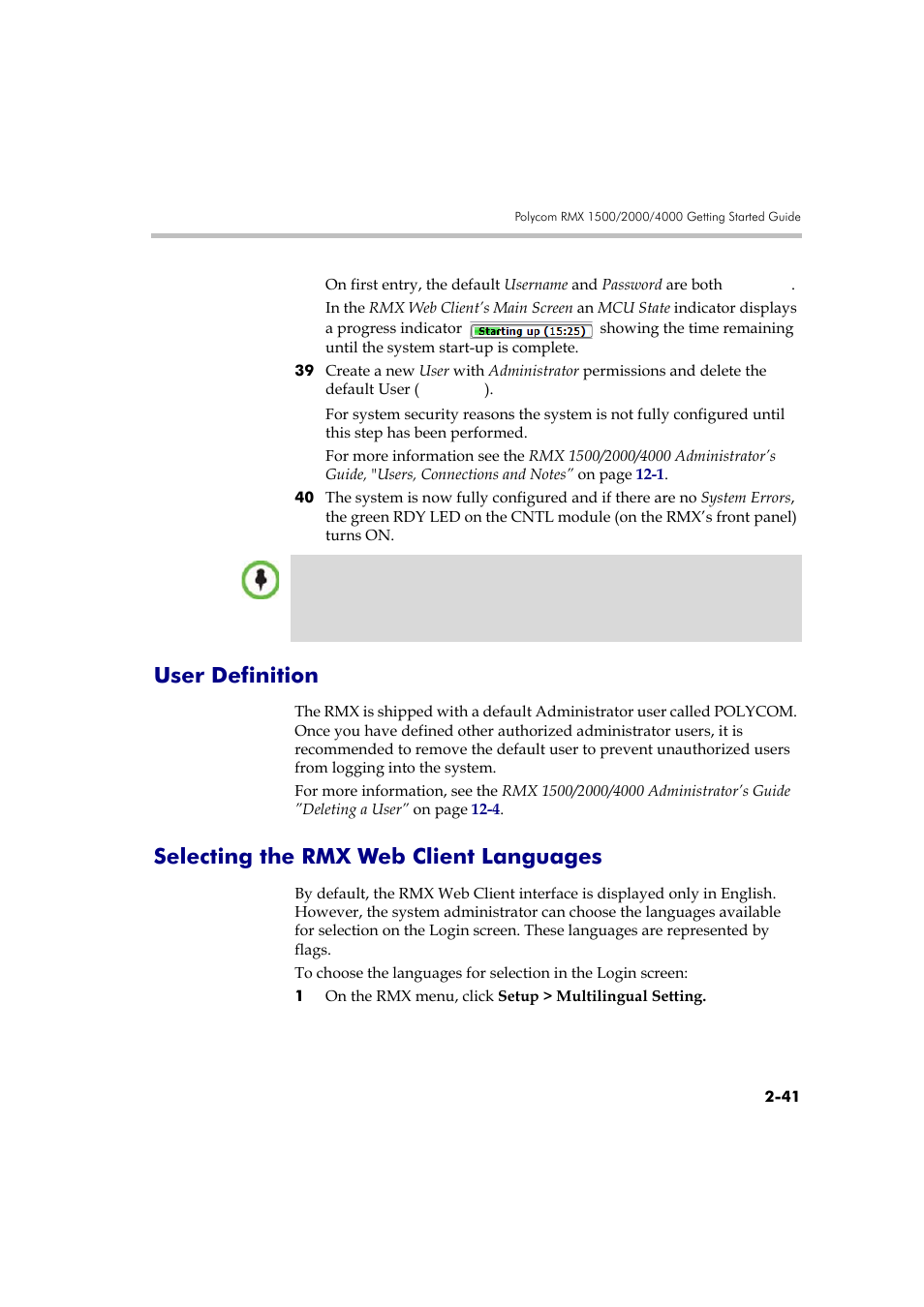 User definition, Selecting the rmx web client languages | Polycom DOC2560A User Manual | Page 73 / 188