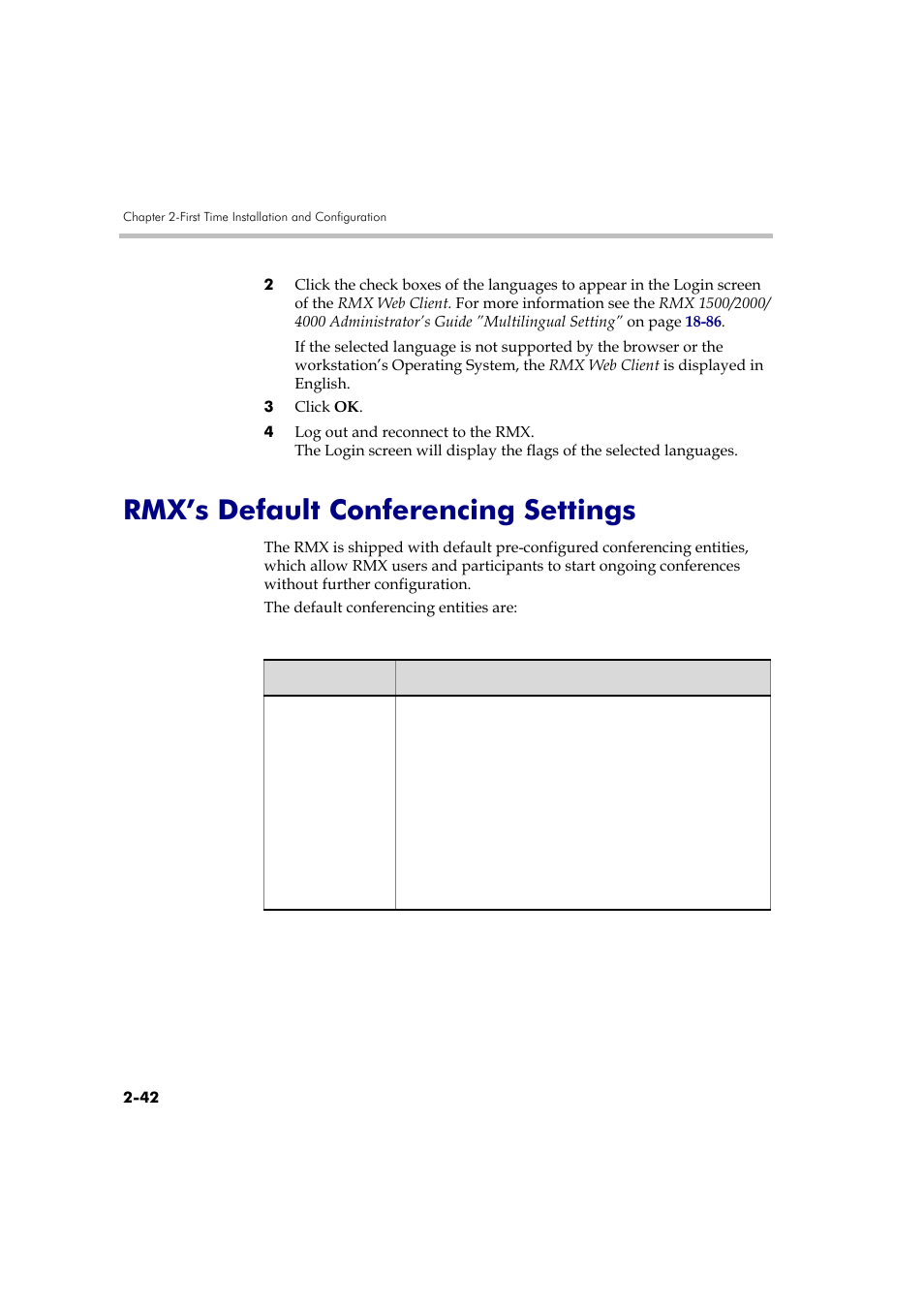 Rmx’s default conferencing settings, Rmx’s default conferencing settings -42 | Polycom DOC2560A User Manual | Page 74 / 188