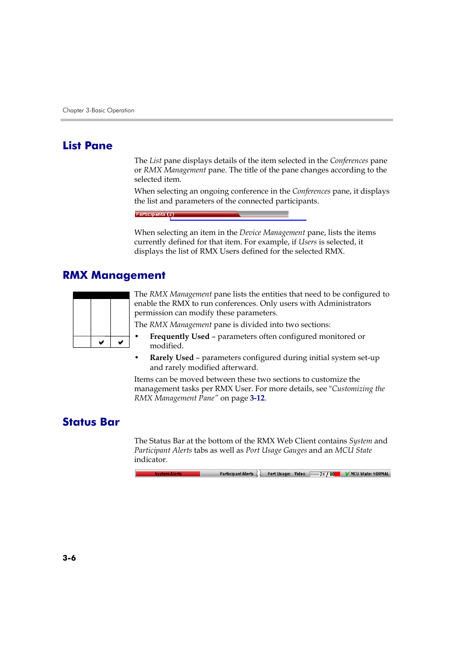 List pane, Rmx management, Status bar | List pane -6 rmx management -6 status bar -6 | Polycom DOC2560A User Manual | Page 84 / 188