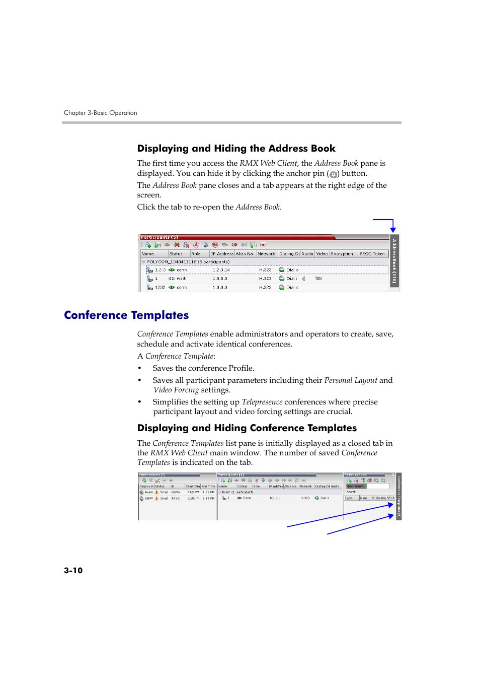 Displaying and hiding the address book, Conference templates, Displaying and hiding conference templates | Displaying and hiding the address book -10, Conference templates -10, Displaying and hiding conference templates -10 | Polycom DOC2560A User Manual | Page 88 / 188