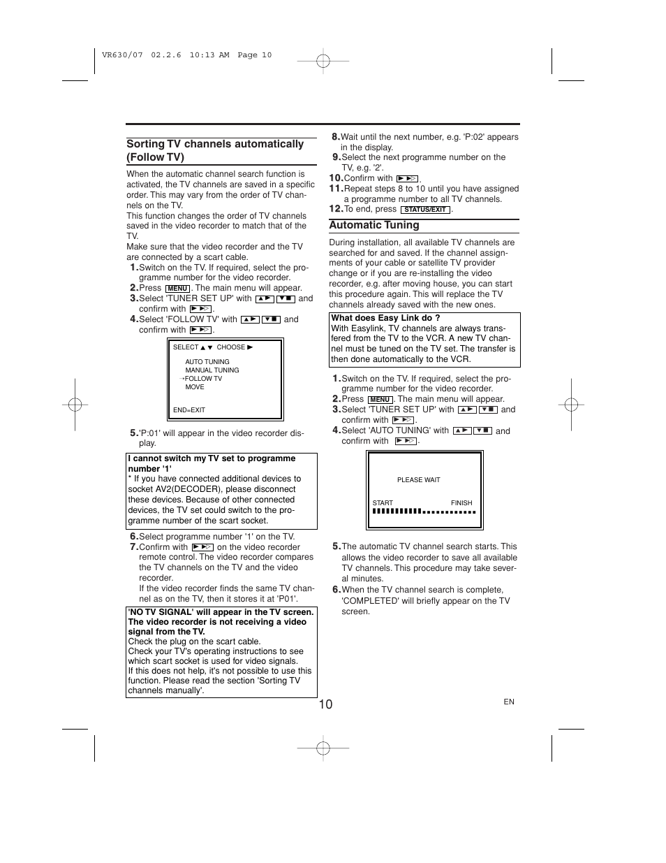 Sorting tv channels automatically (follow tv), Automatic tuning | Polycom VIDEOPLUS VR630/07 User Manual | Page 10 / 28