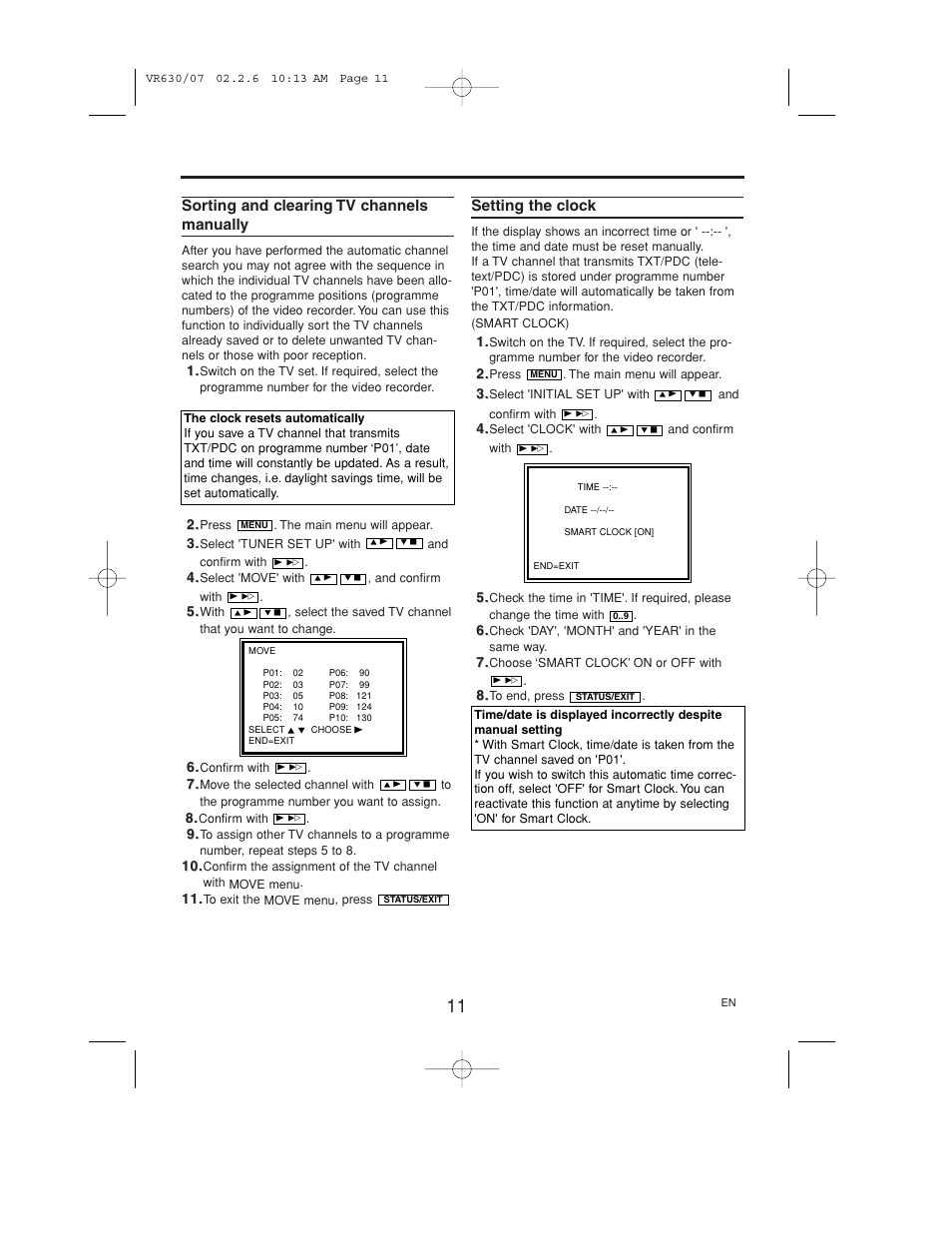 Sorting and clearing tv channels manually, Setting the clock | Polycom VIDEOPLUS VR630/07 User Manual | Page 11 / 28