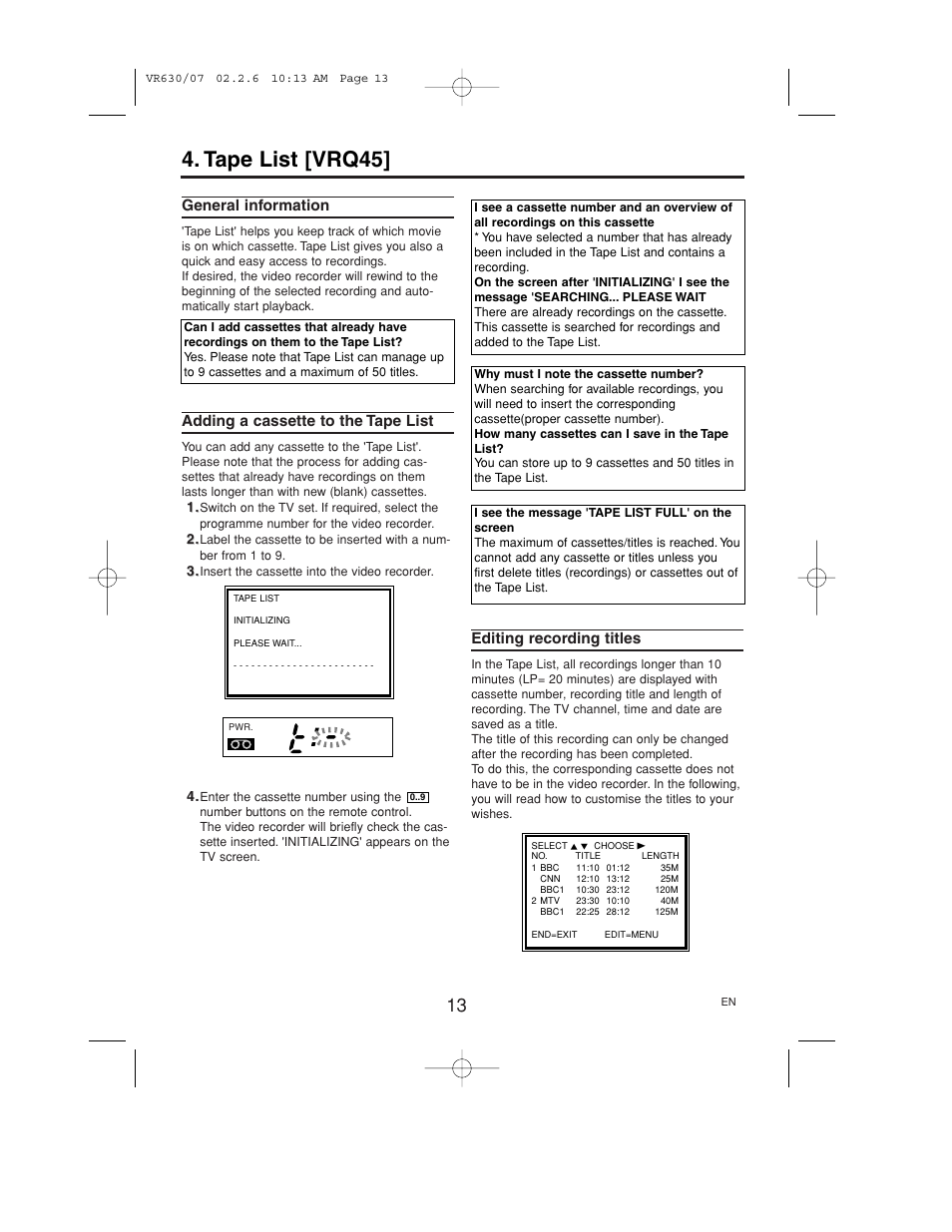 Tape list [vrq45, General information, Adding a cassette to the tape list | Editing recording titles | Polycom VIDEOPLUS VR630/07 User Manual | Page 13 / 28