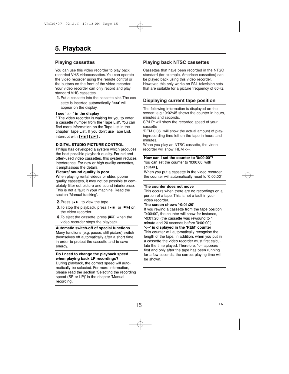 Playback, Playing cassettes, Playing back ntsc cassettes | Displaying current tape position | Polycom VIDEOPLUS VR630/07 User Manual | Page 15 / 28