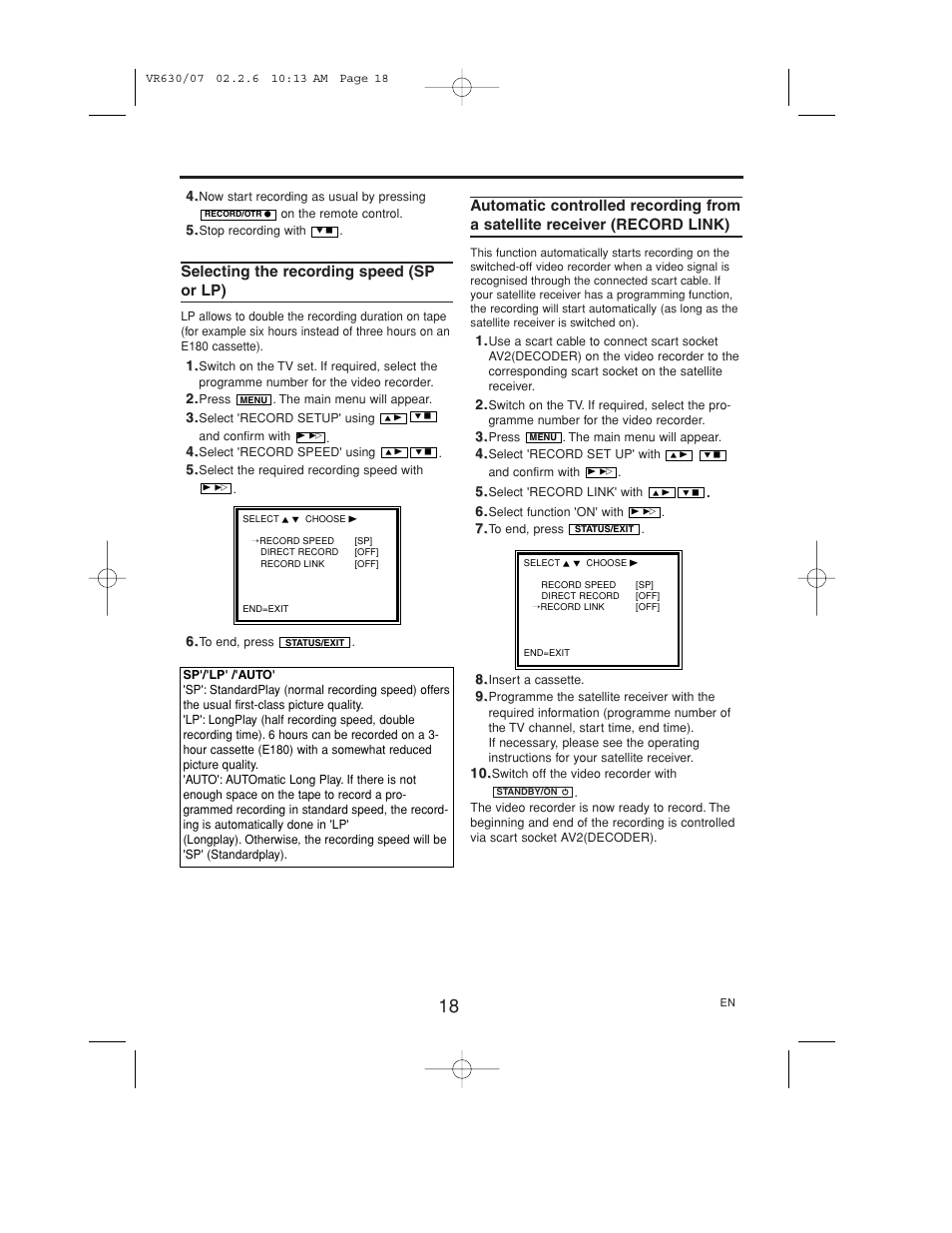 Selecting the recording speed (sp or lp), Automatic controlled recording from, A satellite receiver (record link) | Polycom VIDEOPLUS VR630/07 User Manual | Page 18 / 28